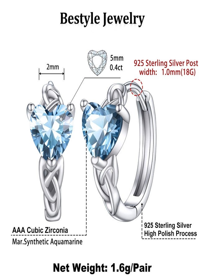 Bestyle Silver Celtic Knot Hoops Love Heart Cubic Zirconia Earrings March Aquamarine Birthstone Hoop Earrings for Women, Hypoallergenic Earrings for Sensitive Ears - Image 5